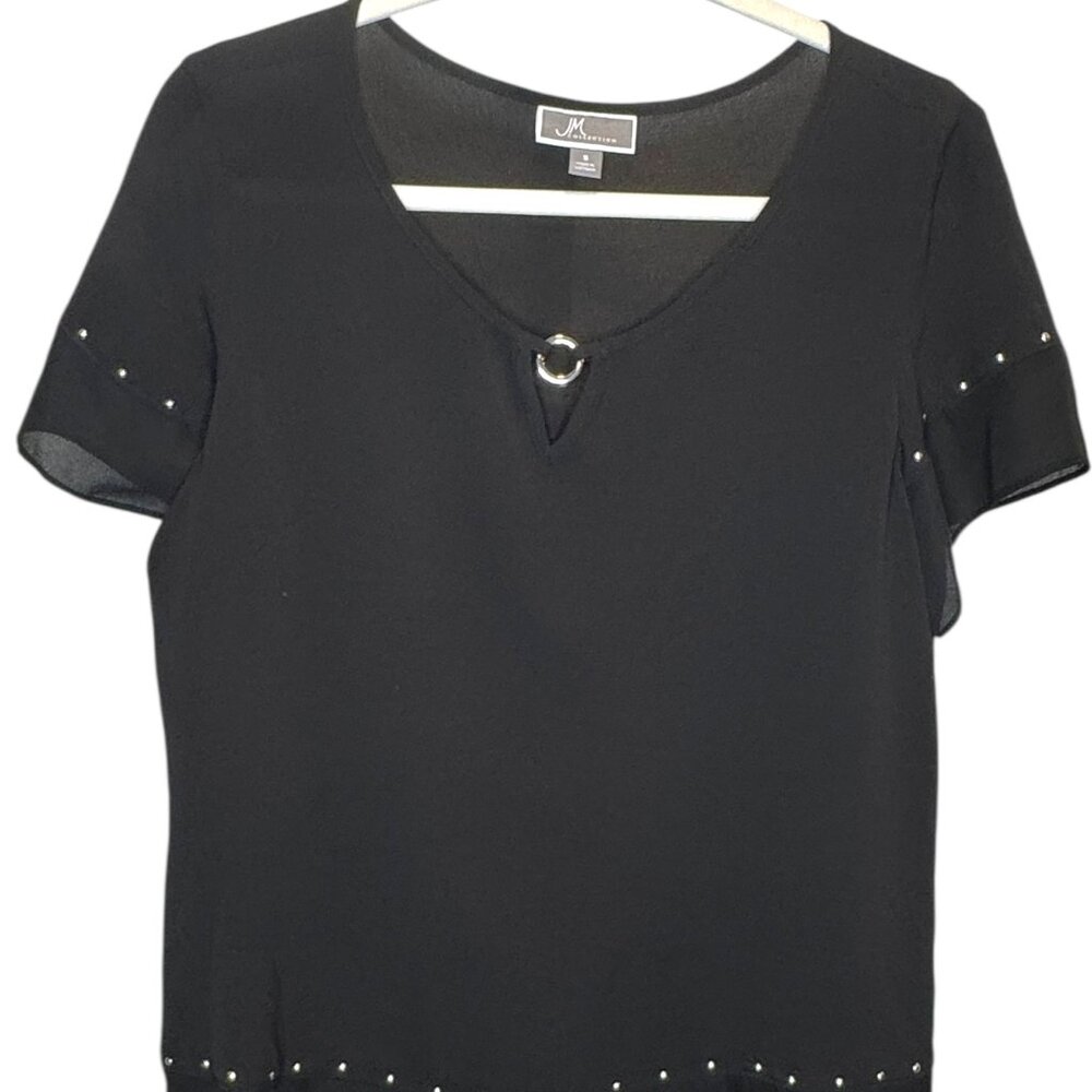 JM Collection Black Short Sleeve Sheer Flowy Blouse w/Silver Studs, Size Small